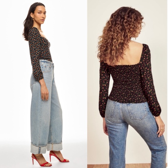 REFORMATION Rose Floral Puff Long Sleeve Sweetheart Neck Smocked Back Top‎ 14 - Picture 2 of 8